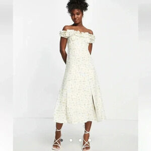 Ever New Curve bardot frill midi dress in lemon ditsy floral size 6